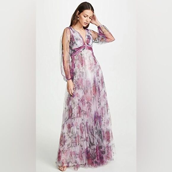 BHLDN Marchesa Notte chiffon silk print pleated maxi dress - Picture 4 of 10